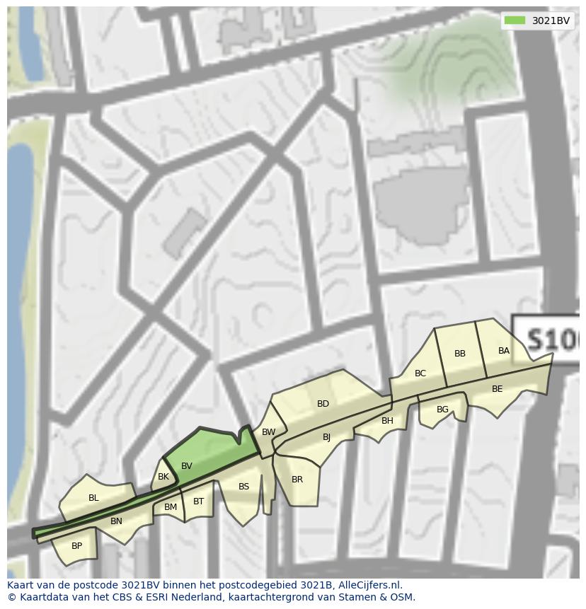 Afbeelding van het postcodegebied 3021 BV op de kaart.