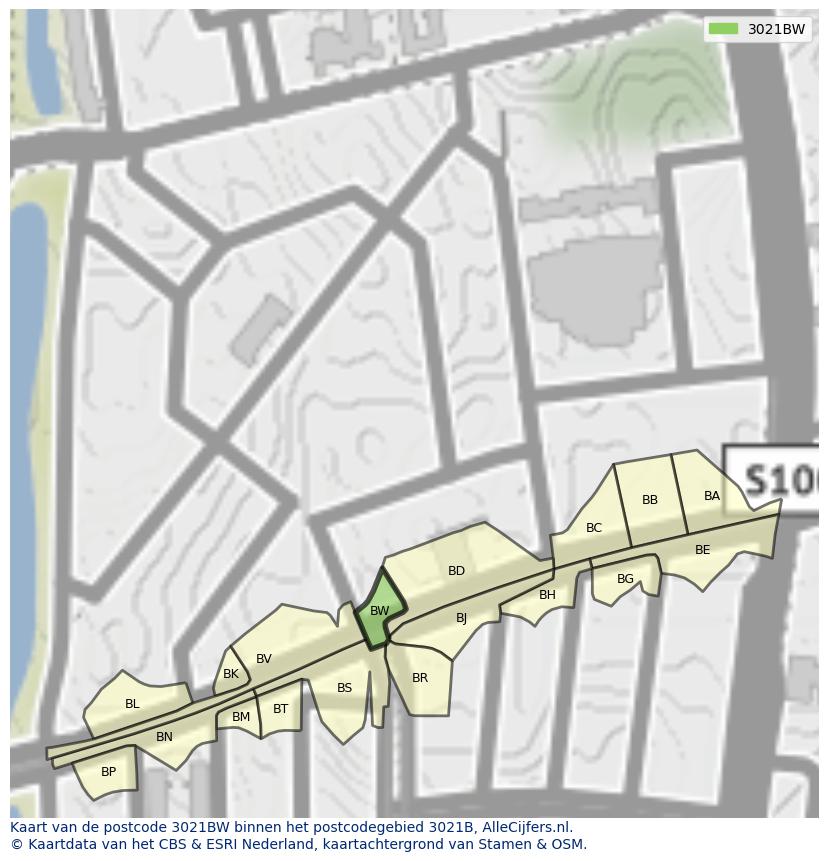 Afbeelding van het postcodegebied 3021 BW op de kaart.
