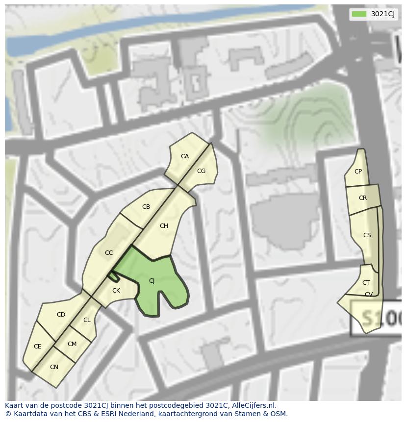 Afbeelding van het postcodegebied 3021 CJ op de kaart.