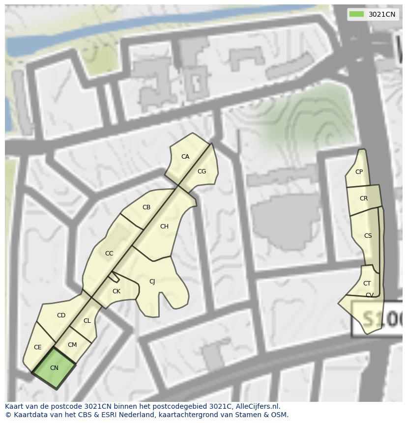 Afbeelding van het postcodegebied 3021 CN op de kaart.
