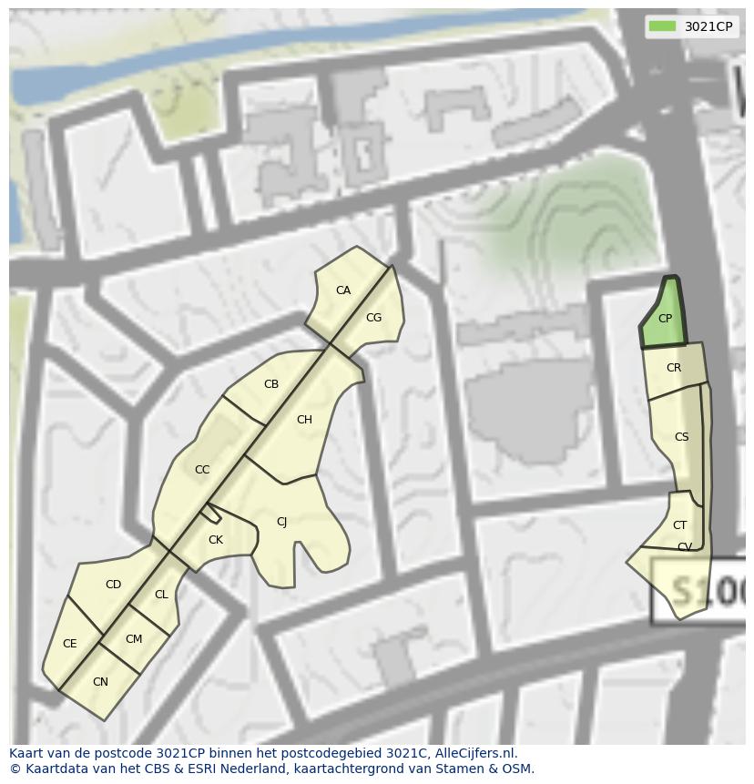 Afbeelding van het postcodegebied 3021 CP op de kaart.