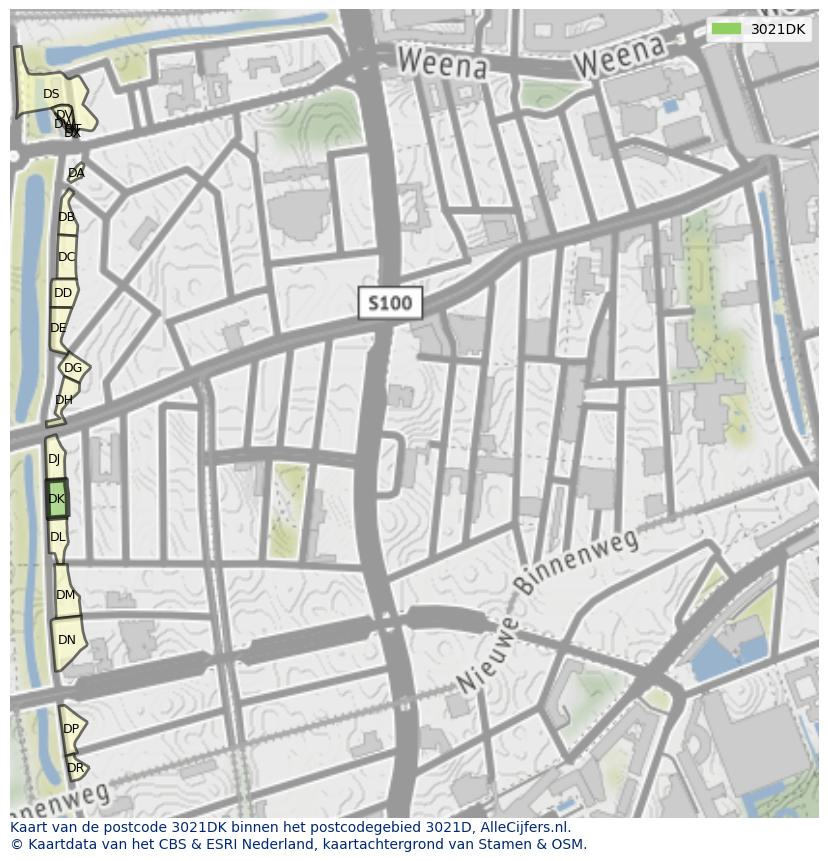Afbeelding van het postcodegebied 3021 DK op de kaart.