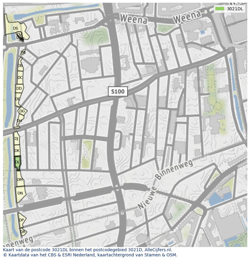 Afbeelding van het postcodegebied 3021 DL op de kaart.