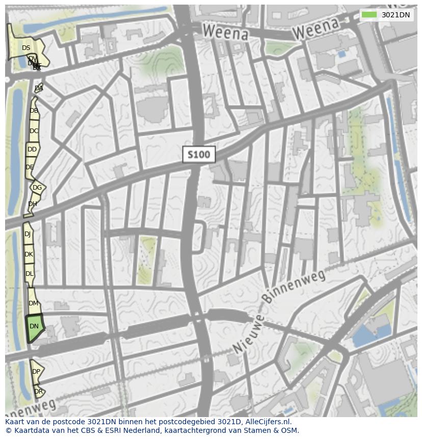 Afbeelding van het postcodegebied 3021 DN op de kaart.