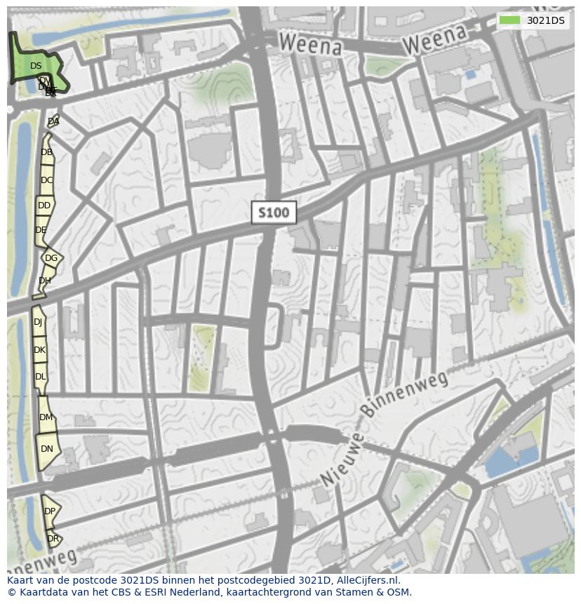 Afbeelding van het postcodegebied 3021 DS op de kaart.