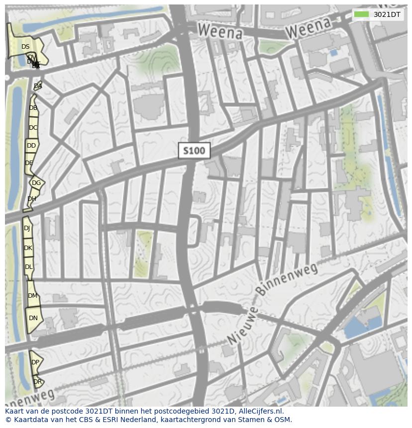 Afbeelding van het postcodegebied 3021 DT op de kaart.