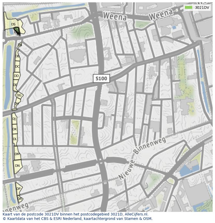 Afbeelding van het postcodegebied 3021 DV op de kaart.