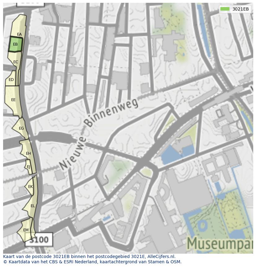 Afbeelding van het postcodegebied 3021 EB op de kaart.