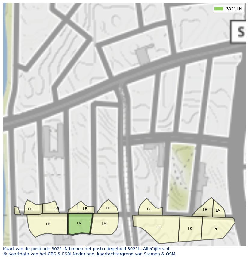 Afbeelding van het postcodegebied 3021 LN op de kaart.