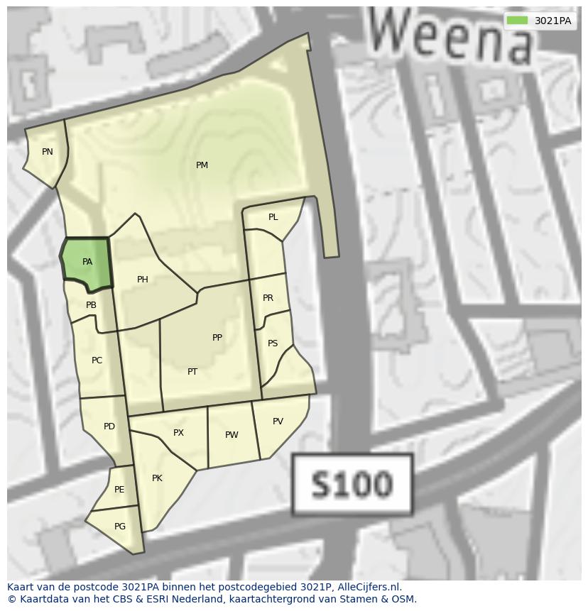 Afbeelding van het postcodegebied 3021 PA op de kaart.