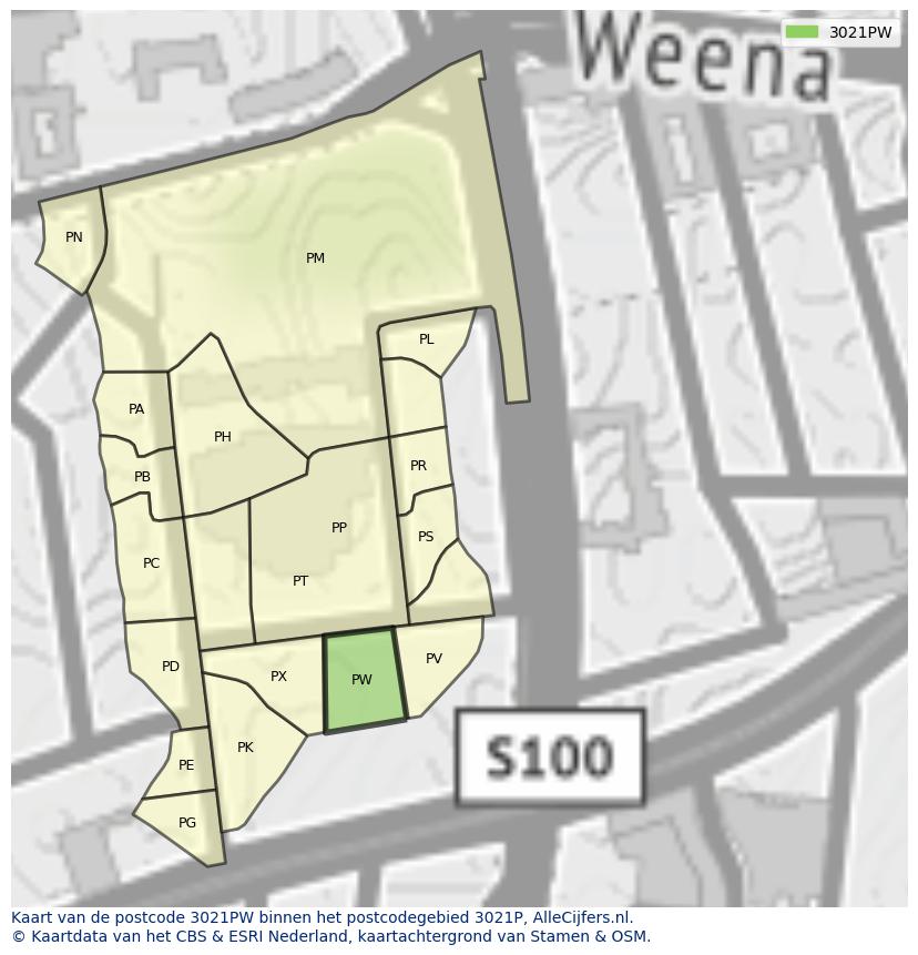 Afbeelding van het postcodegebied 3021 PW op de kaart.