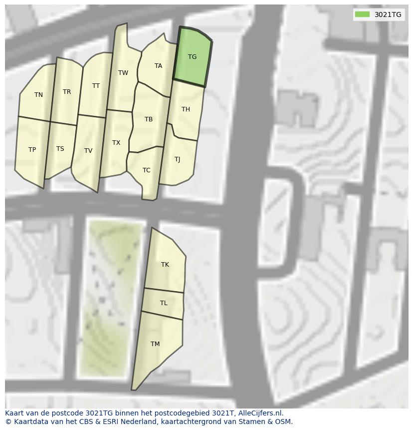Afbeelding van het postcodegebied 3021 TG op de kaart.