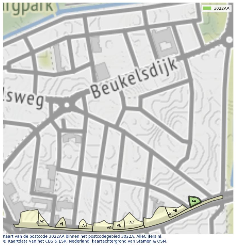 Afbeelding van het postcodegebied 3022 AA op de kaart.