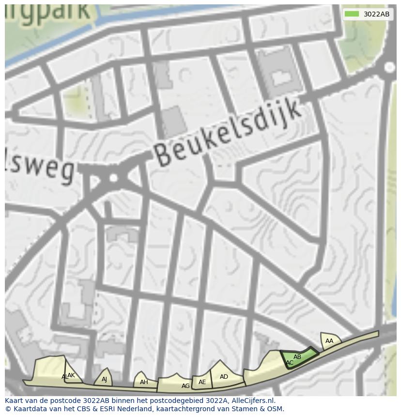 Afbeelding van het postcodegebied 3022 AB op de kaart.