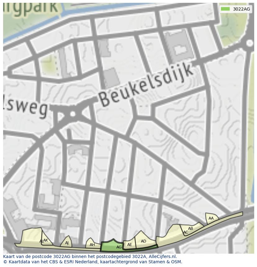 Afbeelding van het postcodegebied 3022 AG op de kaart.