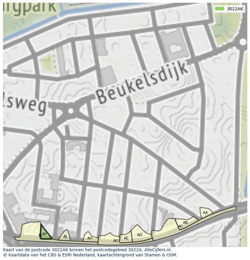 Afbeelding van het postcodegebied 3022 AK op de kaart.