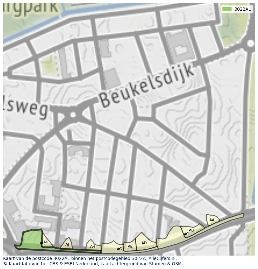 Afbeelding van het postcodegebied 3022 AL op de kaart.