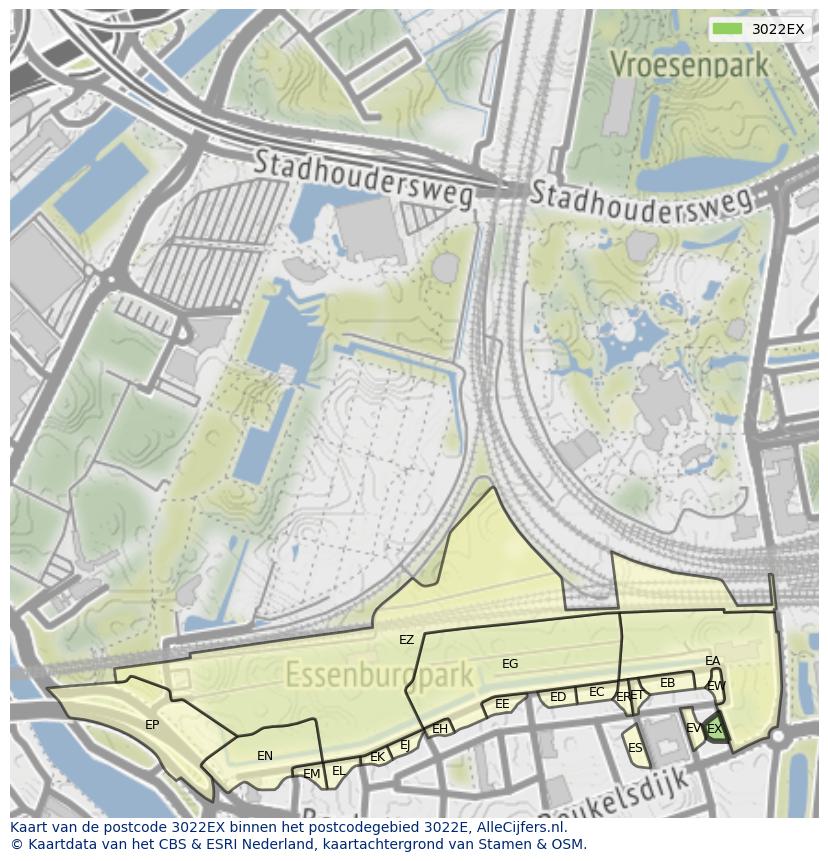 Afbeelding van het postcodegebied 3022 EX op de kaart.