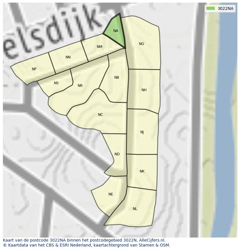 Afbeelding van het postcodegebied 3022 NA op de kaart.