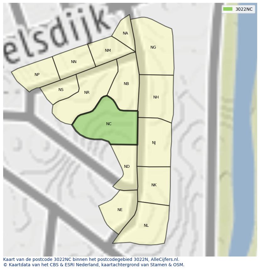 Afbeelding van het postcodegebied 3022 NC op de kaart.