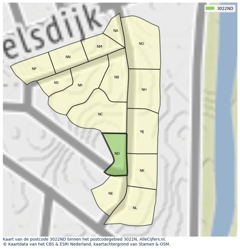 Afbeelding van het postcodegebied 3022 ND op de kaart.