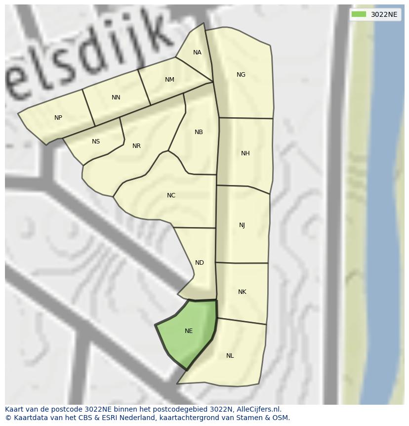 Afbeelding van het postcodegebied 3022 NE op de kaart.