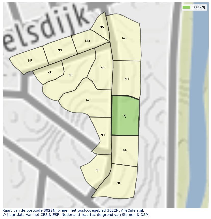 Afbeelding van het postcodegebied 3022 NJ op de kaart.