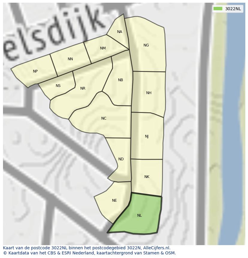 Afbeelding van het postcodegebied 3022 NL op de kaart.