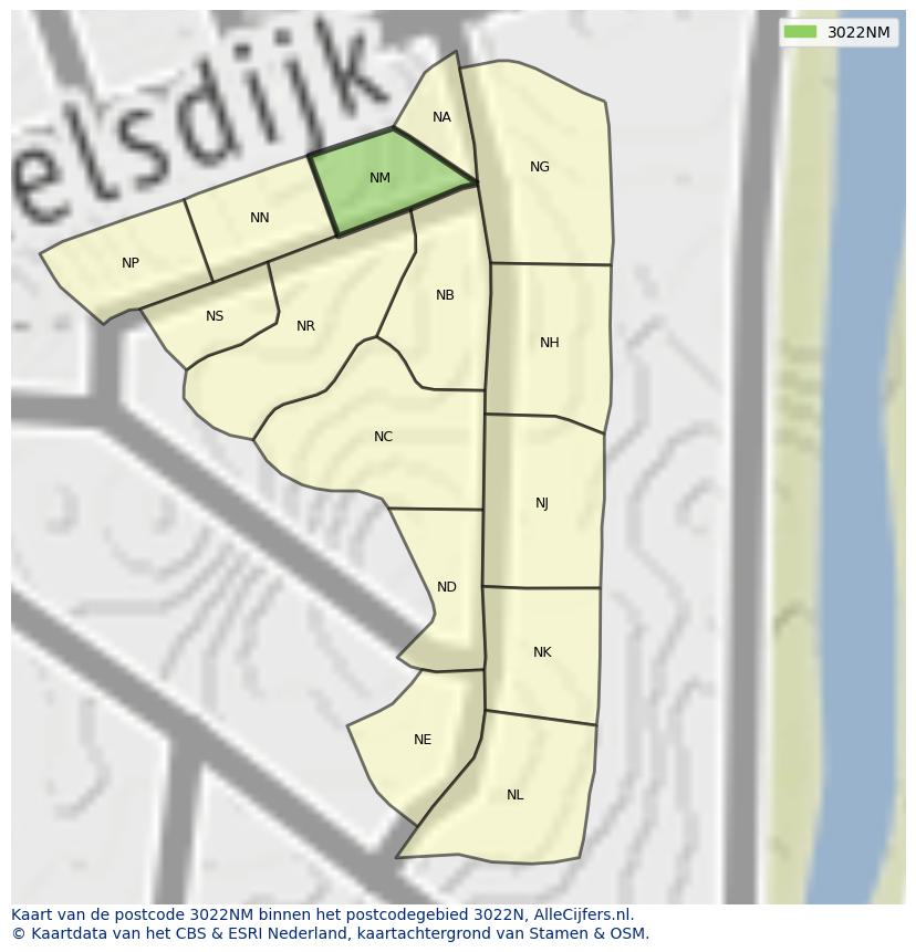 Afbeelding van het postcodegebied 3022 NM op de kaart.