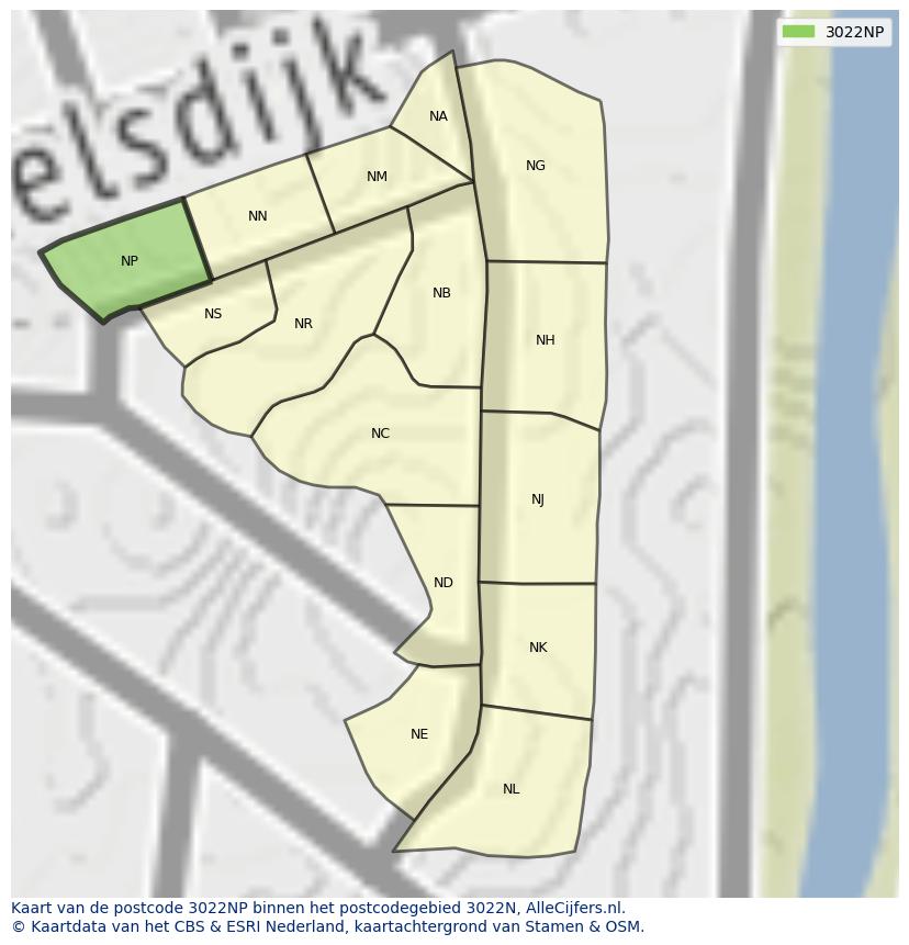 Afbeelding van het postcodegebied 3022 NP op de kaart.