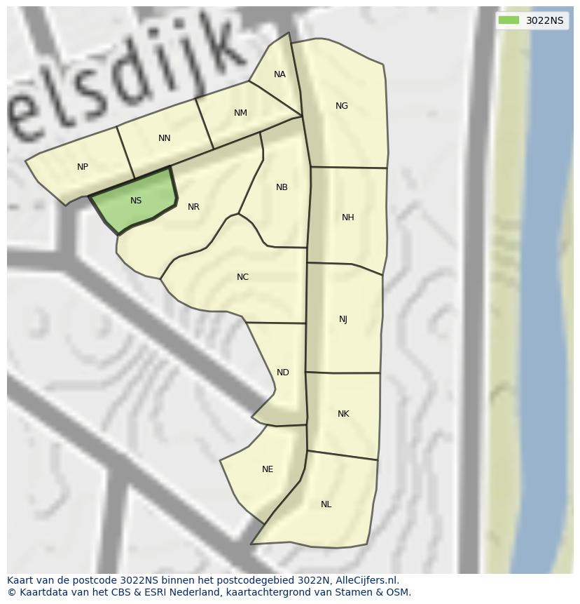 Afbeelding van het postcodegebied 3022 NS op de kaart.