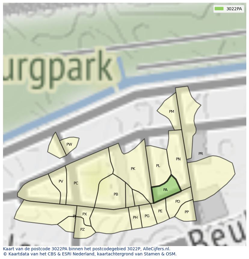 Afbeelding van het postcodegebied 3022 PA op de kaart.