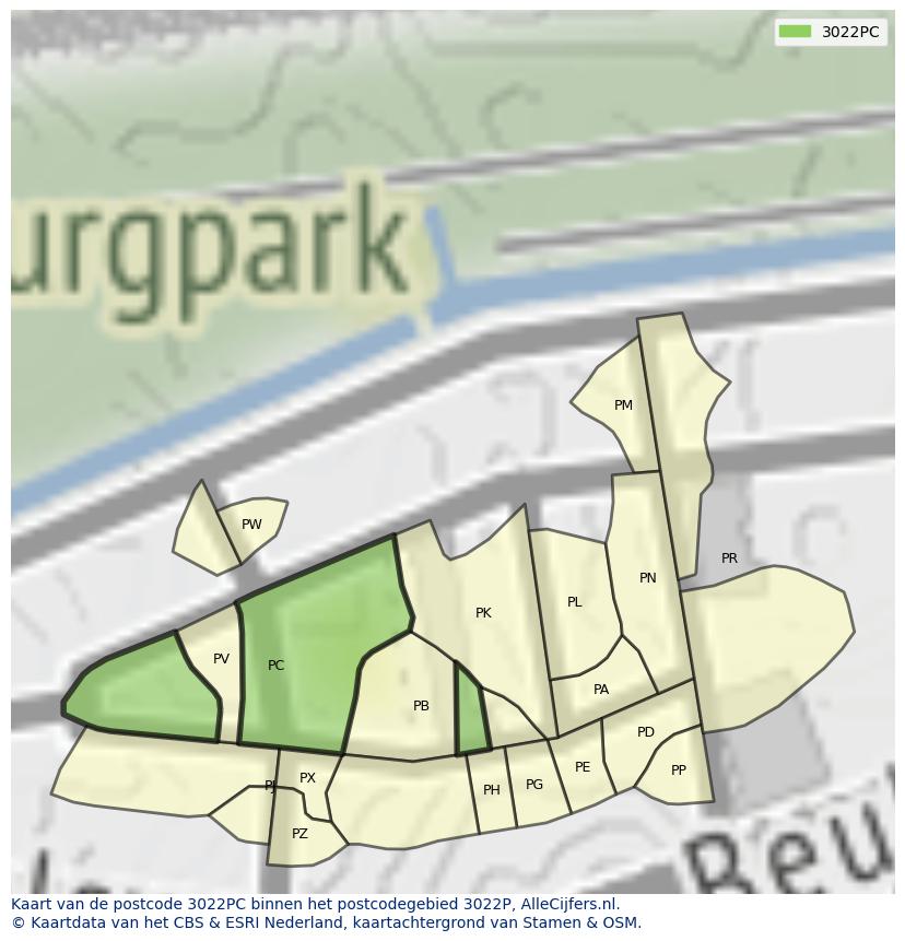 Afbeelding van het postcodegebied 3022 PC op de kaart.