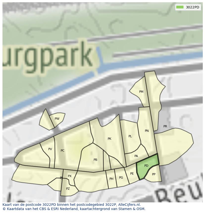 Afbeelding van het postcodegebied 3022 PD op de kaart.