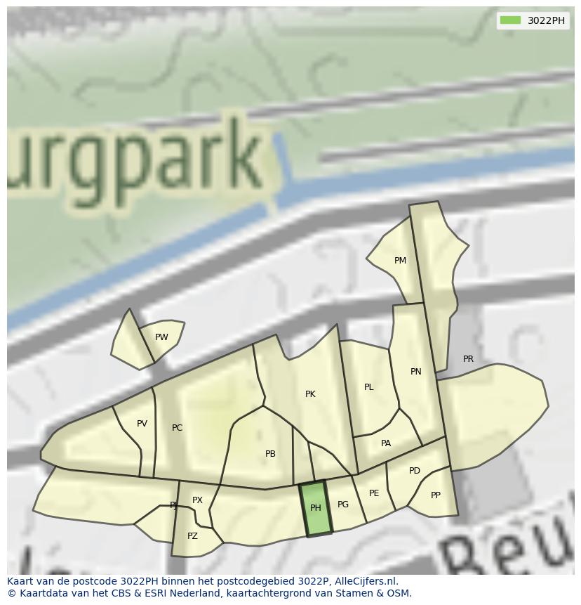 Afbeelding van het postcodegebied 3022 PH op de kaart.