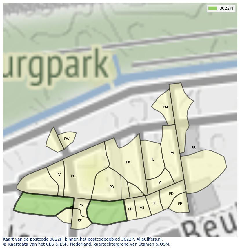 Afbeelding van het postcodegebied 3022 PJ op de kaart.