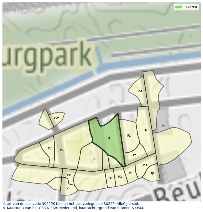 Afbeelding van het postcodegebied 3022 PK op de kaart.