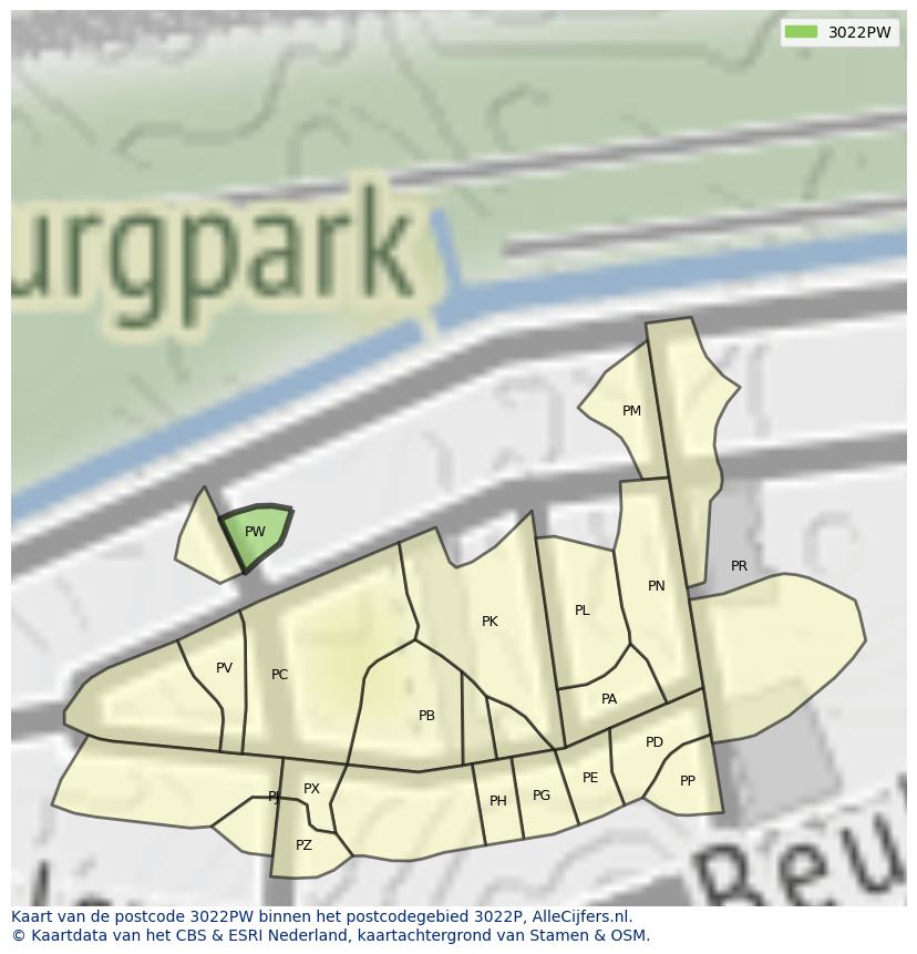 Afbeelding van het postcodegebied 3022 PW op de kaart.