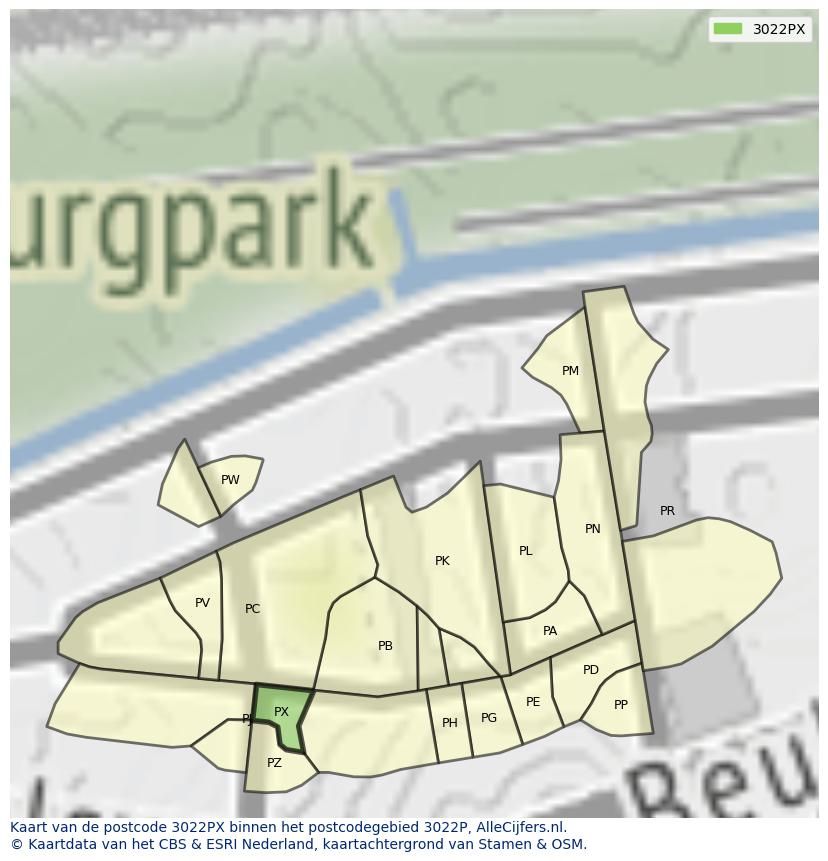Afbeelding van het postcodegebied 3022 PX op de kaart.