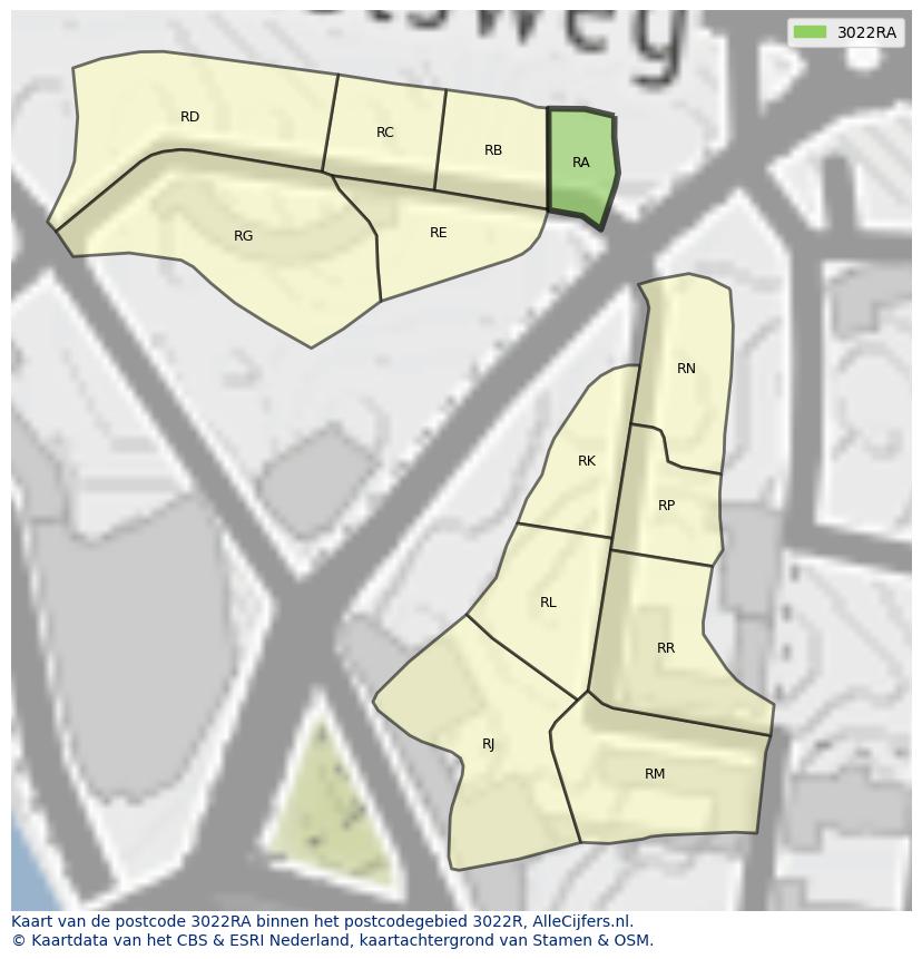 Afbeelding van het postcodegebied 3022 RA op de kaart.