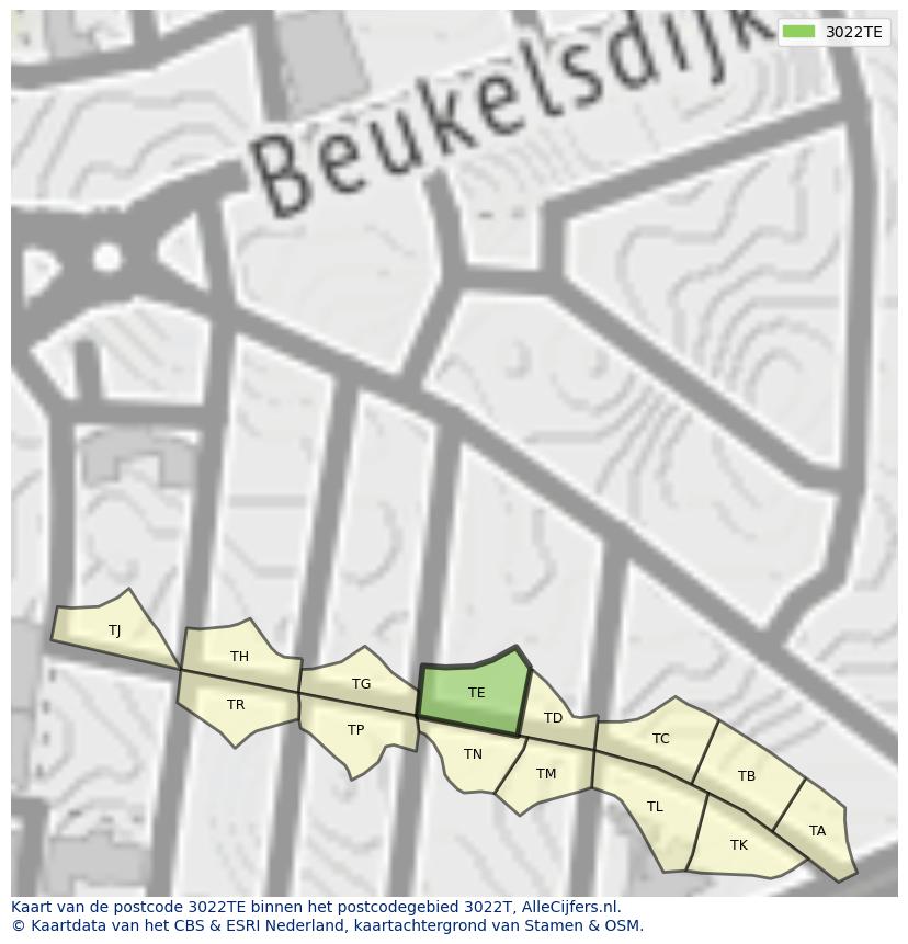 Afbeelding van het postcodegebied 3022 TE op de kaart.