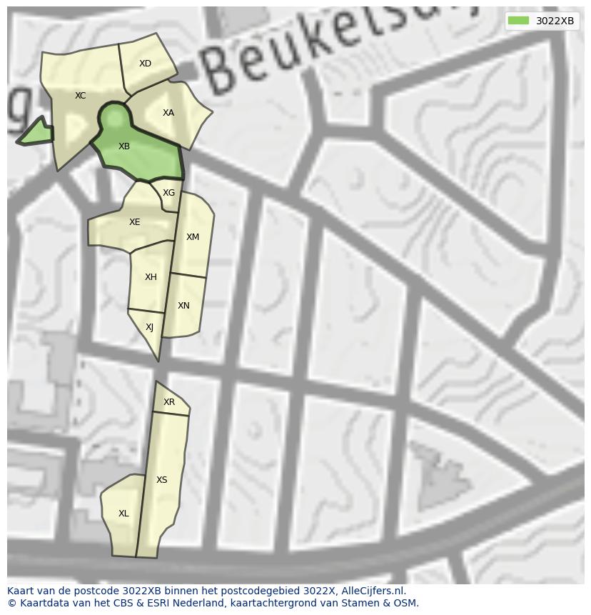 Afbeelding van het postcodegebied 3022 XB op de kaart.