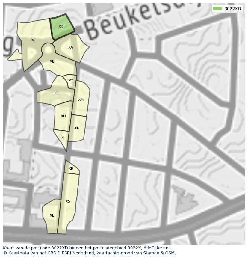 Afbeelding van het postcodegebied 3022 XD op de kaart.