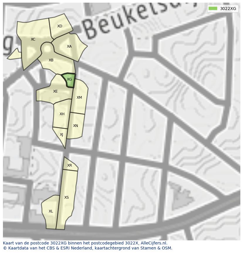 Afbeelding van het postcodegebied 3022 XG op de kaart.
