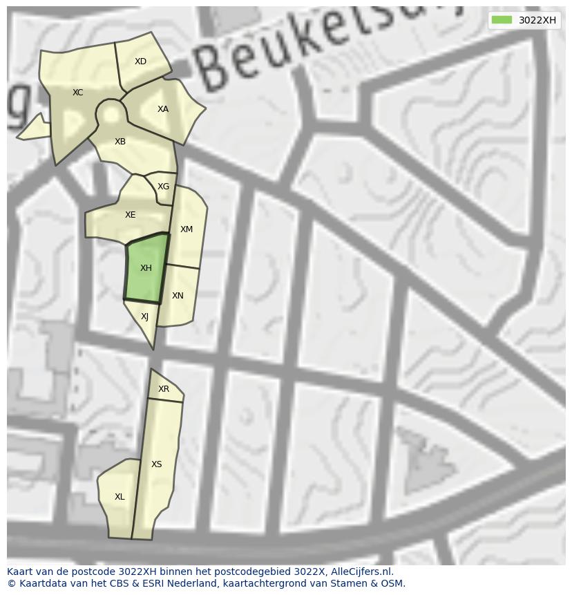 Afbeelding van het postcodegebied 3022 XH op de kaart.