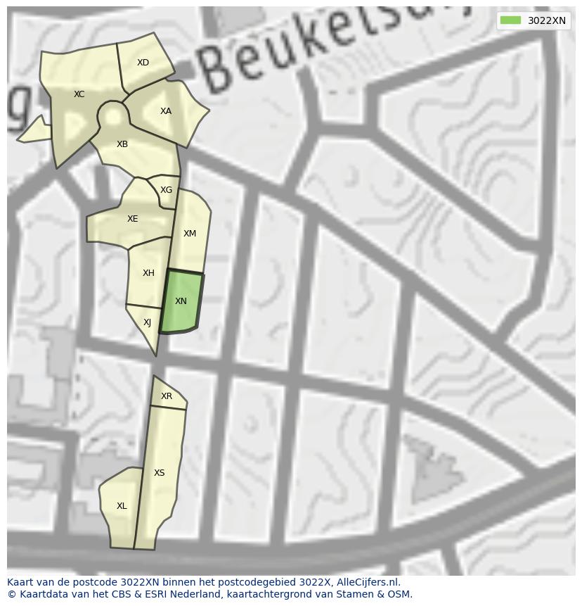 Afbeelding van het postcodegebied 3022 XN op de kaart.