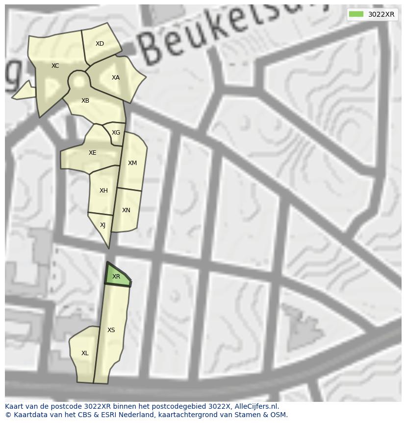 Afbeelding van het postcodegebied 3022 XR op de kaart.