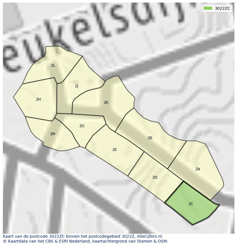 Afbeelding van het postcodegebied 3022 ZC op de kaart.