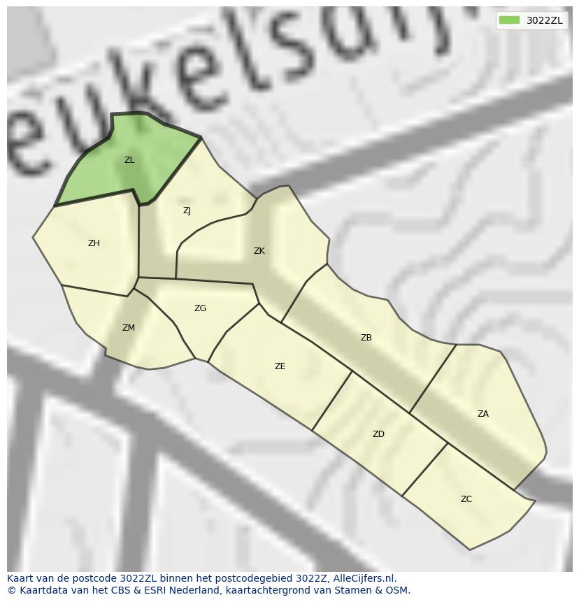 Afbeelding van het postcodegebied 3022 ZL op de kaart.