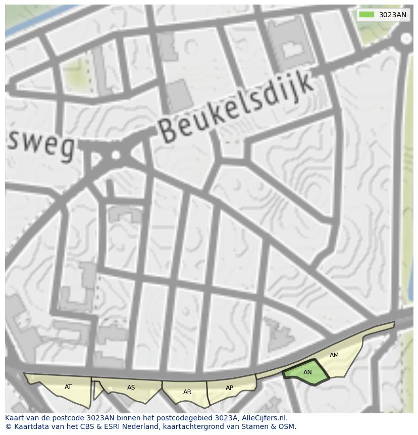 Afbeelding van het postcodegebied 3023 AN op de kaart.